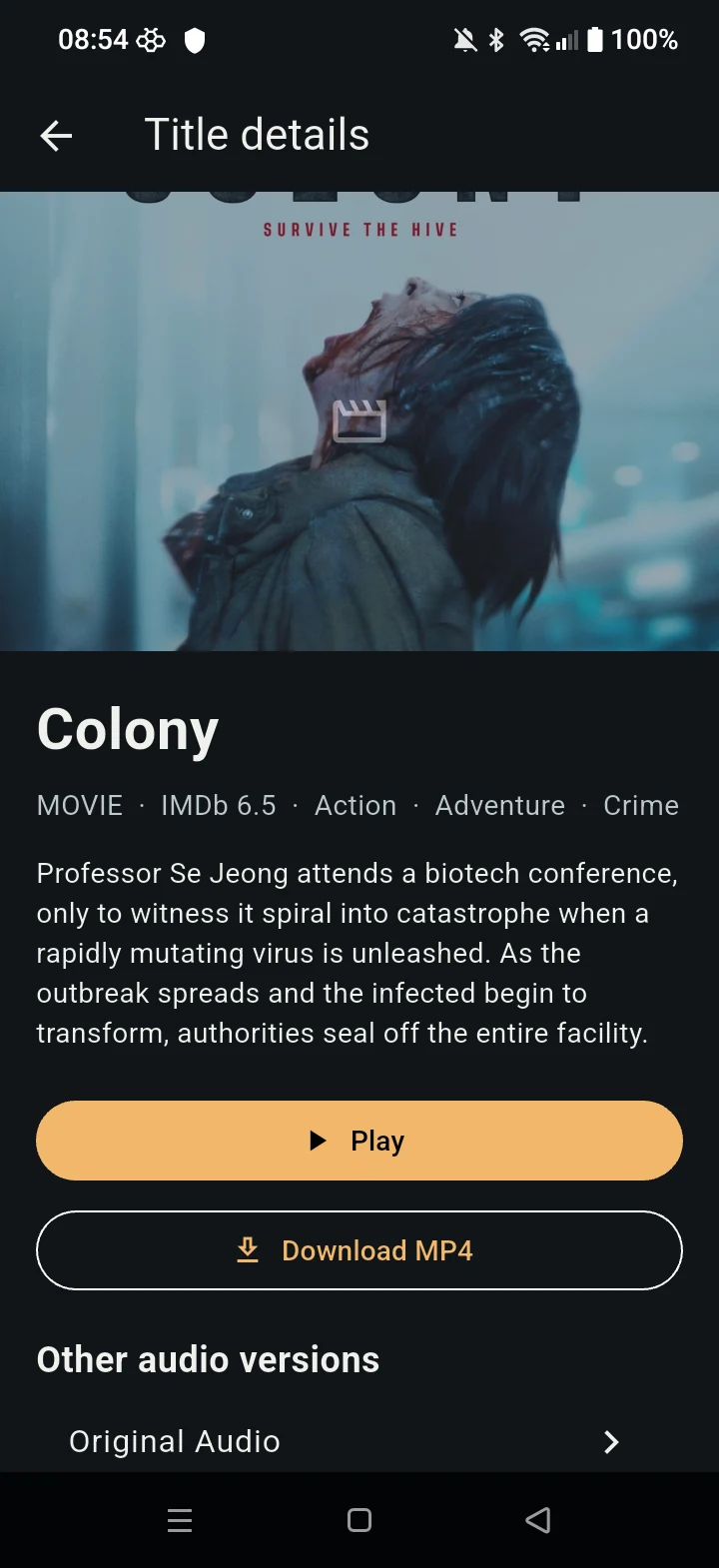 Colony movie details with its synopsis, rating, Play, and Download MP4 controls.