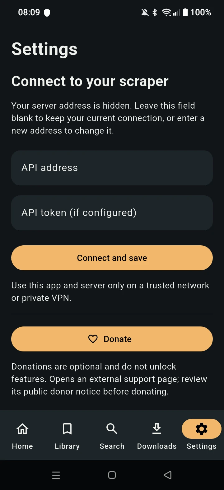 MovieBox Settings with hidden server address, connection fields, and the optional Donate button.